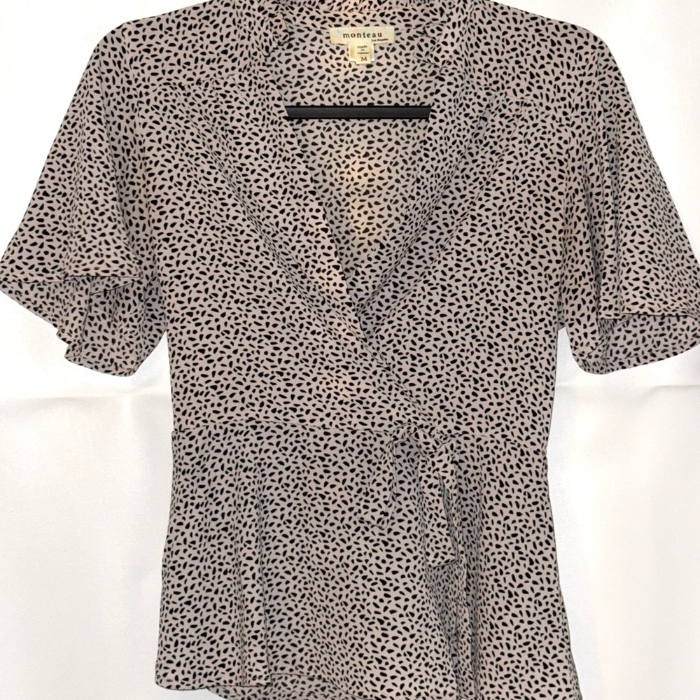 Black and White Wrap Blouse with Notched Collar